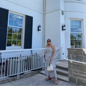 Cascading Crush Blue Floral Print Tiered Bustier Midi Dress